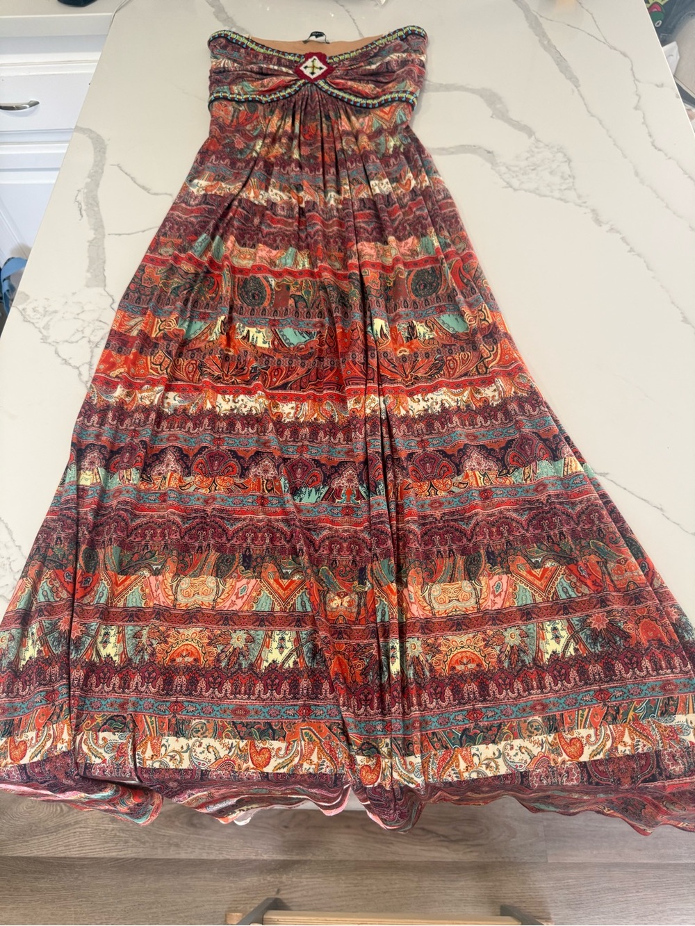 Sky Boho Beaded Strapless Paisley Maxi Dress Womens Sz L vintage Y2K - Picture 4 of 10